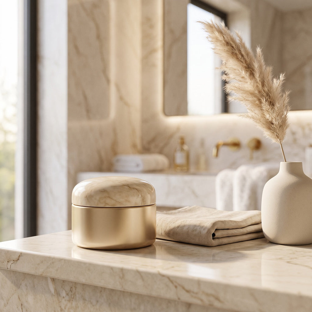 Nuravi Age-Rewind Serum styled on a bright bathroom vanity