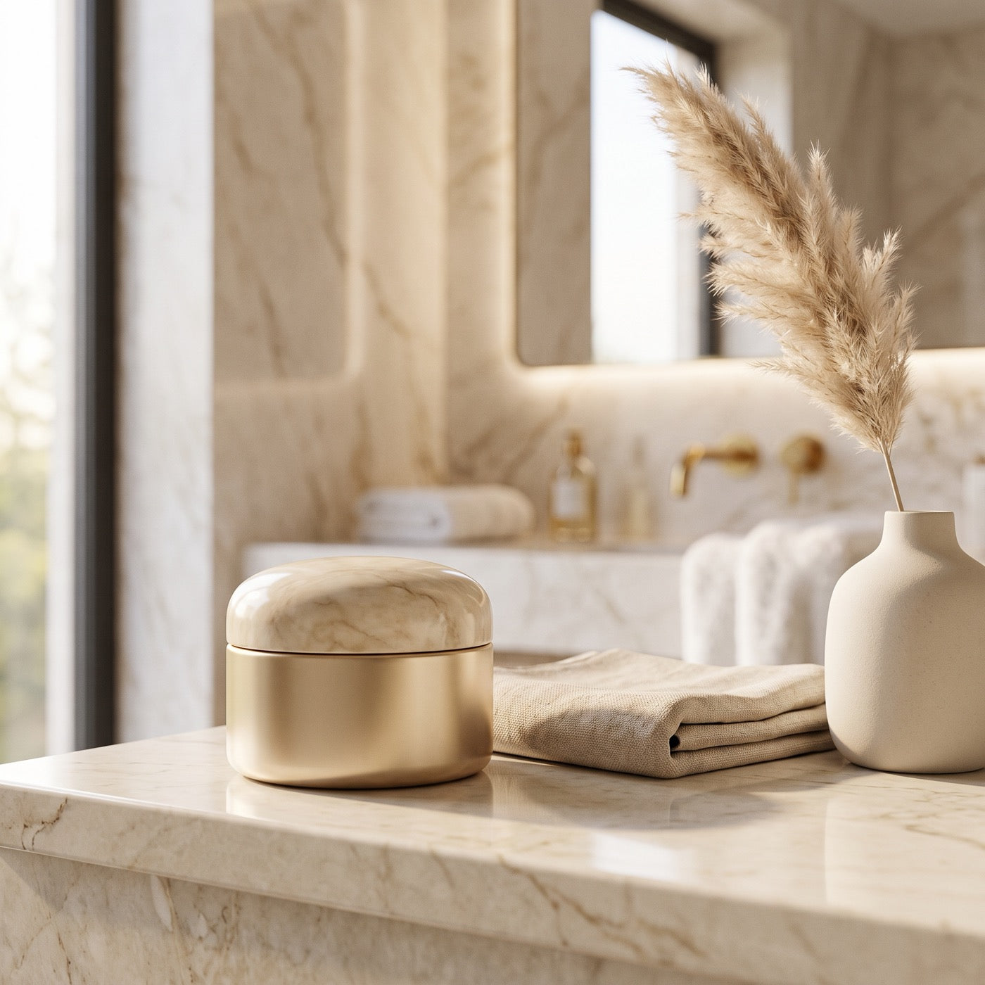 Nuravi Age-Rewind Serum styled on a bright bathroom vanity